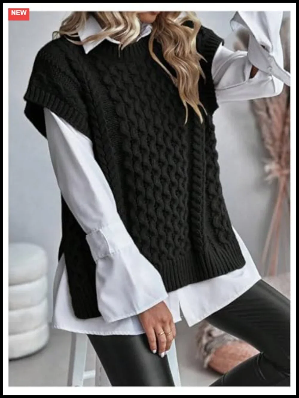 Women's Cable Knit Sweater Vest Cap Sleeve Crew Neck Side Slit Loose Knit